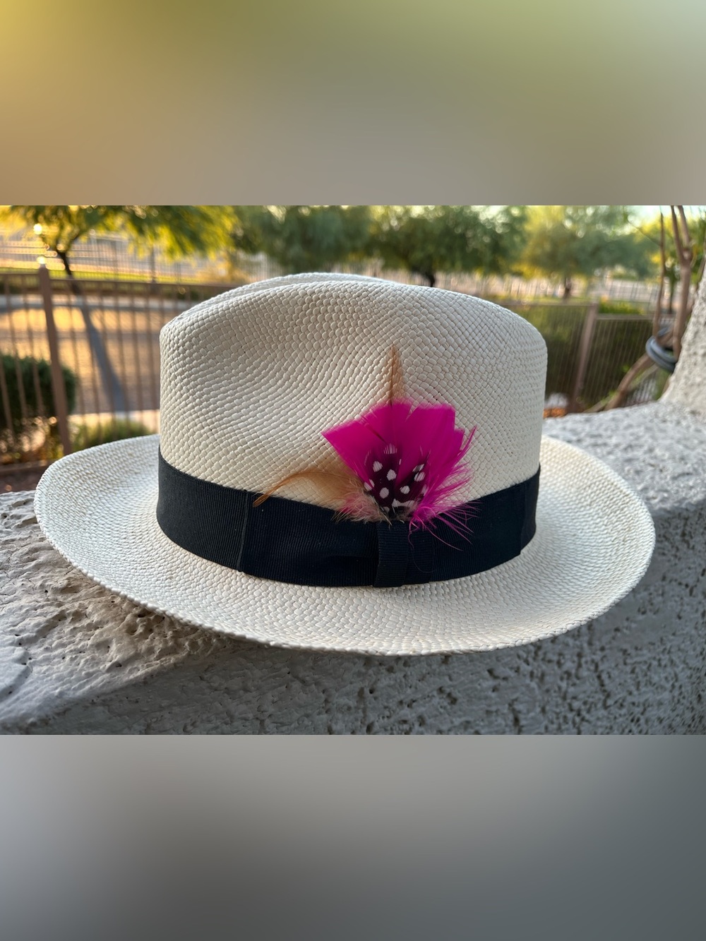 Cream Straw Fedora, Brand: Dallas Hat with Black Band & Hot Pink Feather Accent
